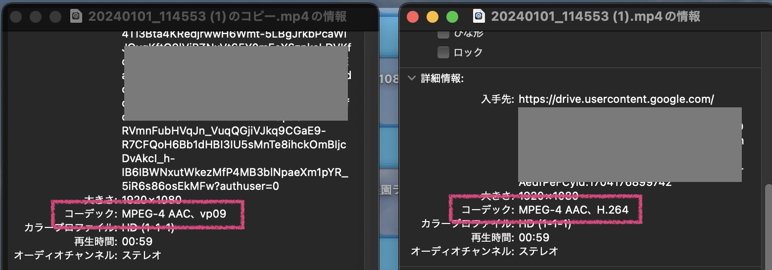 mp4ファイルの詳細情報「MPEG-4 AAC,vp09」と「MPEG-4 AAC,H.264」